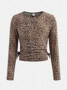 Tween 女童法式休闲豹纹针织圆领褶皱长袖修身针织上衣和喇叭裤套装，适合居家和户外、旅行装机场、时尚、酷炫街头风格、日常穿着、上学日常、休闲可爱、姐妹装、母女搭配、秋季、冬季。 - 卡其色 - 查看 7