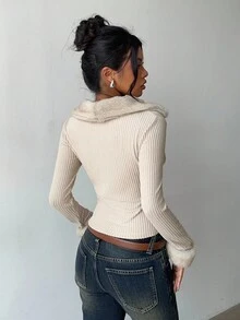 Aloruh 女式秋冬夹克，仿皮草领，拼接设计，复古 Y2K 时尚外套 - 杏色 - 查看 7