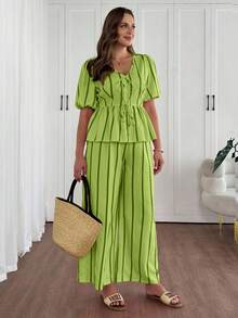 Vionelle 大码粉色条纹蝴蝶结短袖两件套 - 綠色 - 查看 6