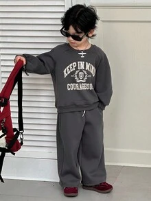 DAZY 2 件套儿童男童羊毛运动衫和裤子休闲运动套装，宽松字母印花，秋季 - 深灰色 - 查看 8