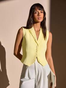 CLARA VERO Asymmetric Button Front Tailored Vest Street Smart Look For Bold Girls Who Love Unique Fashion Statements - Yellow - View 5