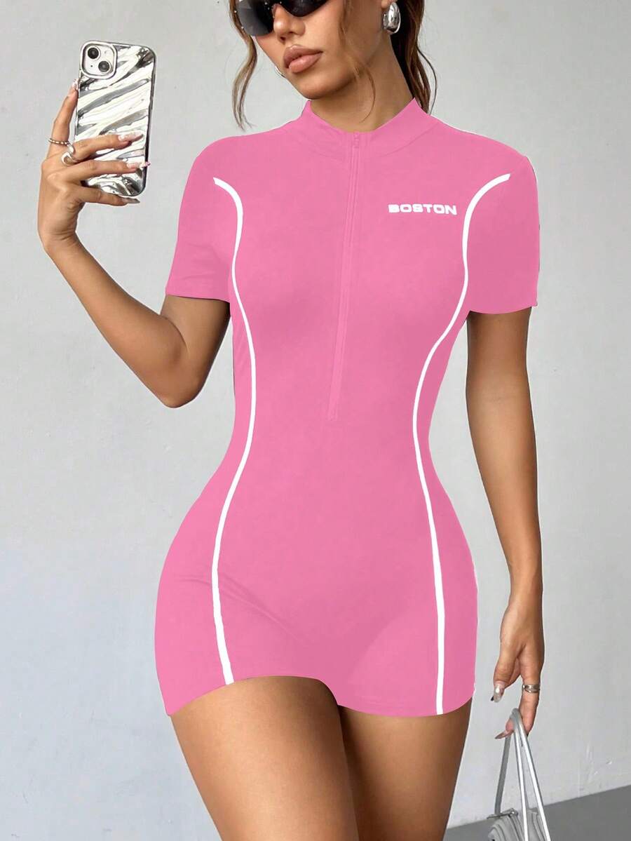 SHEIN Unity Women's Fashionable Contrast Color Zipper Half-Zip Short Sleeve Bodysuit, Summer - Hot Pink - View 1