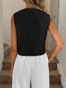 Easowa 女式 V 领不对称下摆金属纽扣前部休闲宽松通勤复古风格衬衫黑色纽扣背心 V 领背心上衣优雅黑色背心黑色背心上衣女式黑色背心 - 黑色 - 查看 2