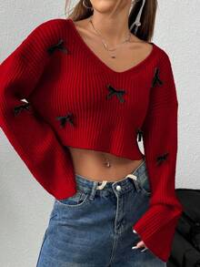 EURMUSE Maglione corto casual con scollo a V, decorato con fiocco - Rosso - Visualizzare 6