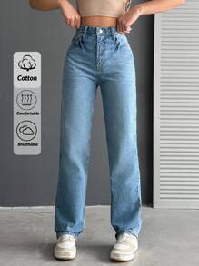 EURMUSE 100%Cotton High Waist Straight Leg Jeans - Blue - View 1