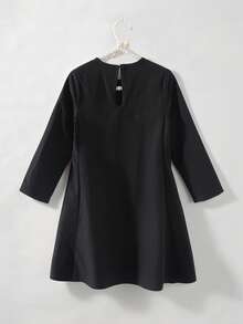 Robe courte ajustée à manches longues raglan, col rond, design nœud, style minimaliste décontracté pour tous les jours. Robe de rentrée scolaire, pour toutes les saisons - Noir - Voir 2