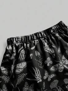ROMWE Goth 哥特式黑暗神秘恐怖骷髅、飞蛾、蝙蝠翅膀、树叶、蘑菇全身印花女式 A 字裙，万圣节 - 黑色 - 查看 3