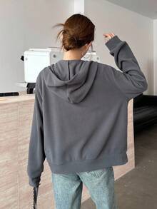 SHEIN 少女灰色双面羊毛刺绣马匹休闲宽松夹克，简约学院风休闲夹克 - 灰色 - 查看 2