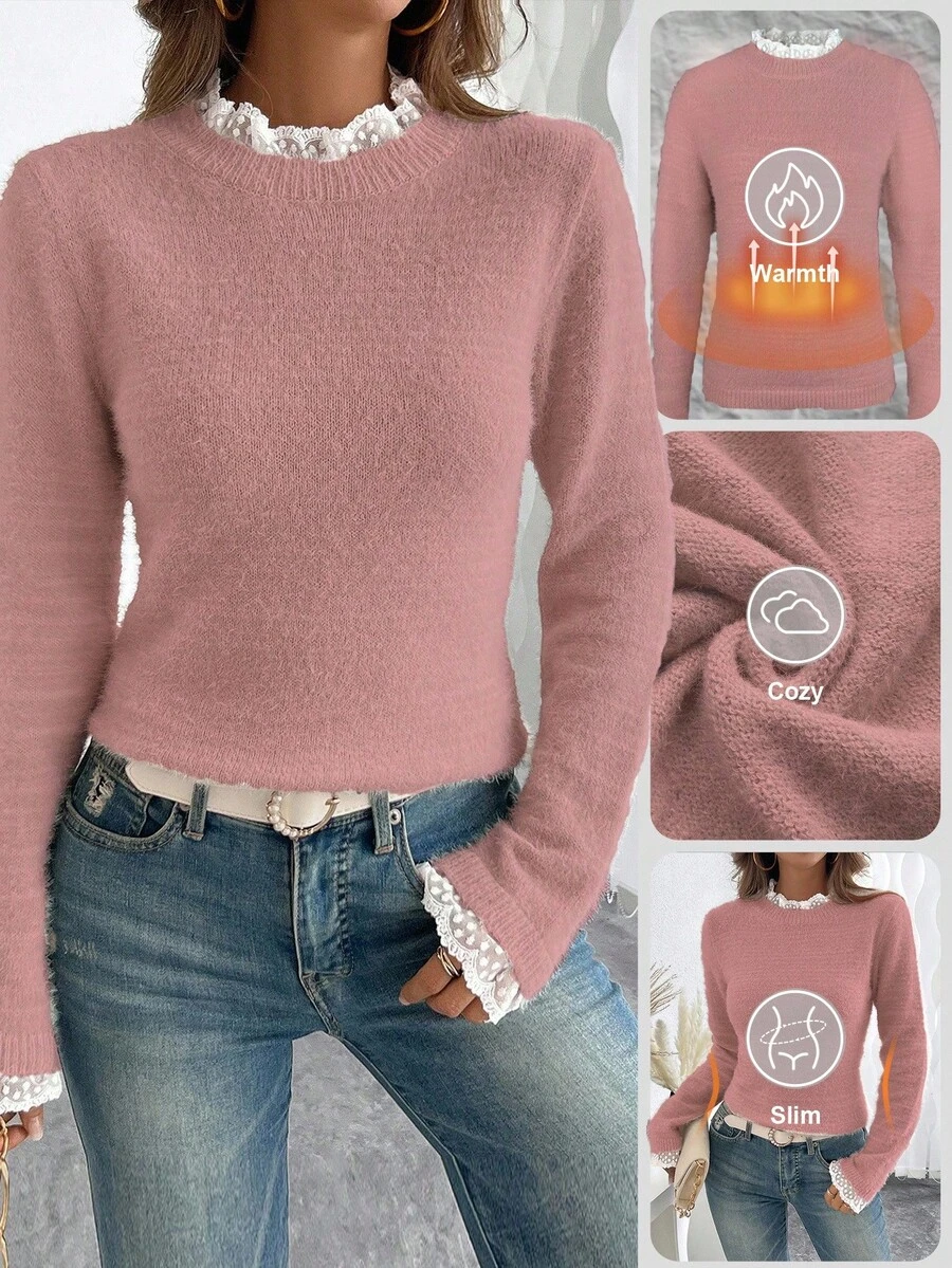 EMERY ROSE Fashionable & Sweet Lace Collar 3D Soft Faux Fur Pullover Sweater, Versatile For Autumn/Winter Fall Cloth For Women Women Pullover Cozy Sweater Women Sweater Fuzzy Sweater Lace Long Sleeve Sweater - Dusty Pink - View 1