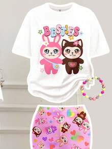 SHEIN Bộ 2 áo thun cổ tròn tay ngắn dễ thương, họa tiết hoạt hình vui nhộn màu hồng và quần ống loe cho bé gái tuổi teen, phù hợp cho mùa hè - Nhiều màu - Xem 3