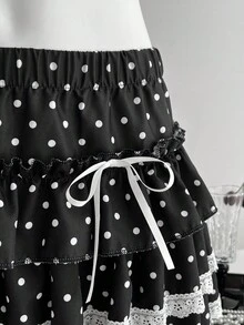 Elamini 1件黑白波点印花低腰蝴蝶结蕾丝荷叶边休闲派对半身裙，可爱舒适的女士迷你裙 - 黑與白 - 查看 6