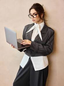 Siren Gaze Women's Gray Striped Short Windbreaker Jacket In Fall/Winter Casual