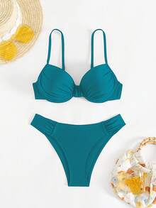 SHEIN Swim 2件組女款素色性感支撐鋼圈抓皺上衣與比基尼泳褲套裝，適合夏季海灘度假泳裝 - 水鴨藍 - 查看 7