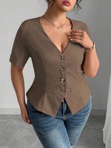 Elenzga Áo kiểu Pháp cổ chữ V tay ngắn cỡ lớn dành cho nữ, mùa hè - màu nâu - Xem 3