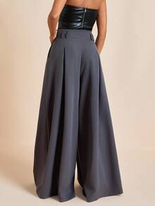 SHEIN PETITE Women's Dark Grey High-Waisted Wide Leg Pants With Wide Waistband - Dark Grey - View 2