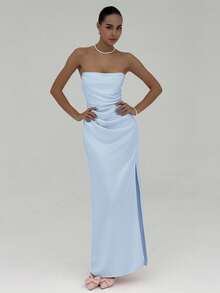 Aloruh 女士纯色褶皱露肩连衣裙 - 淺藍色 - 查看 5