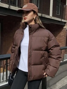 DAZY 休闲纯色宽松女士棉服外套冬季夹克 - 咖啡棕 - 查看 1