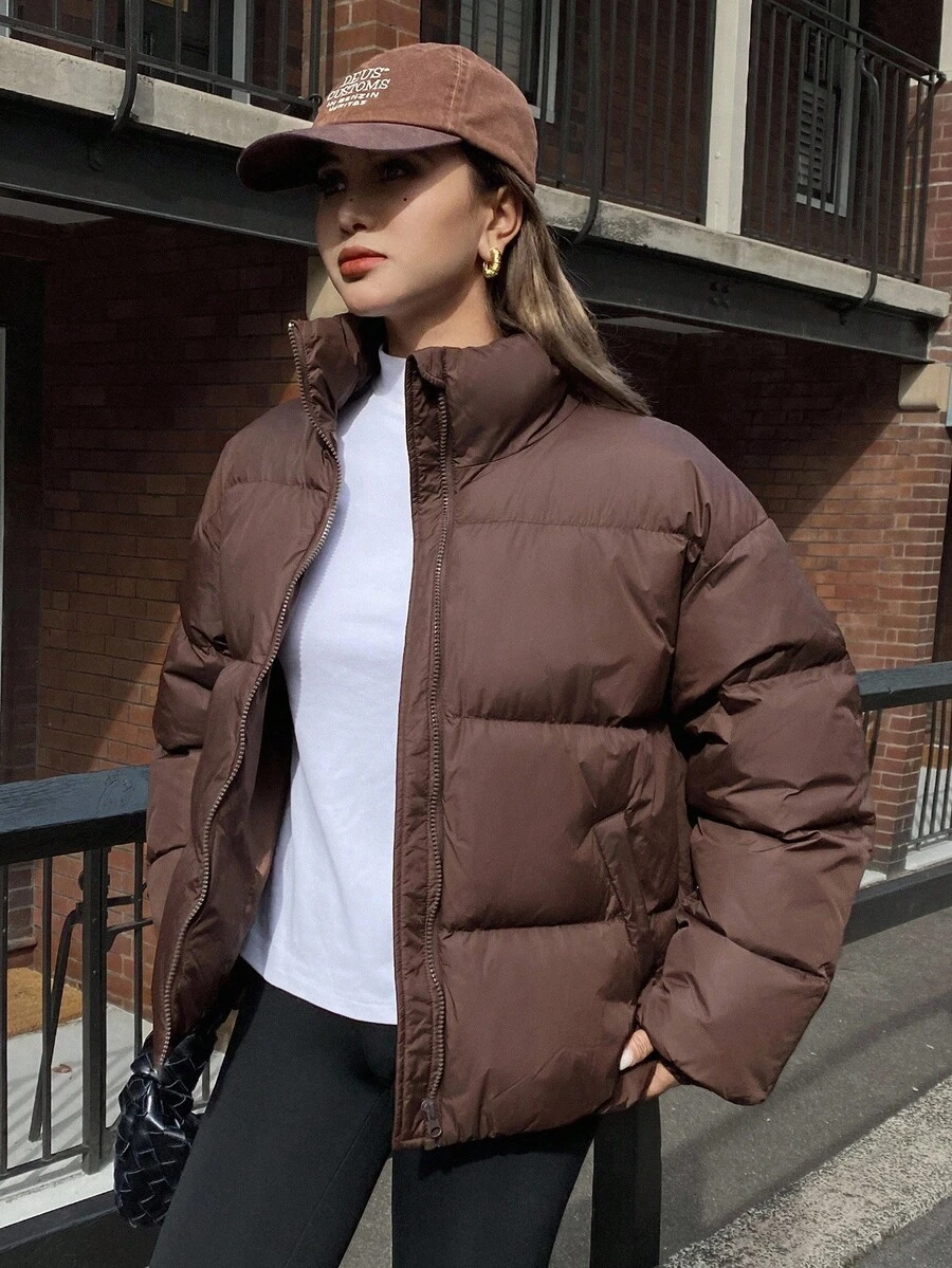 DAZY 休闲纯色宽松女士棉服外套冬季夹克 - 咖啡棕 - 查看 1