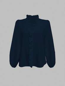 EMERY ROSE Women's Casual Commuter Solid Color Ruffle Lantern Sleeve Blouse - Navy Blue - View 3
