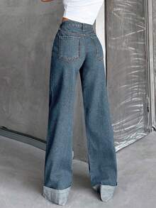 SHEIN Tall High Waist 100% Pure Cotton Cuffed Wide Leg Jeans - Light Wash - View 2
