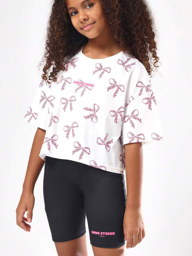 Cropped White T-Shirt With Bow Print And Bike Shorts Set