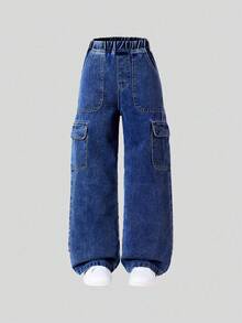 SHEIN Girls' Casual All-Match Loose Straight Leg Washed Denim Cargo Pants, Versatile & Comfortable Essential Item For 2025 Fall Winter Street Vintage Retro Washed 2000s Slant Pocket Raw Trim Denim Baggy - Dark Wash - View 7