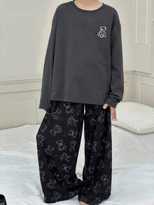 DAZY 2pcs Kids Fall Outfit, Toddler Boys' Round Neck Allover Print Long Sleeve Knit T-Shirt + All-Over Print Pants Pajama Set, Autumn