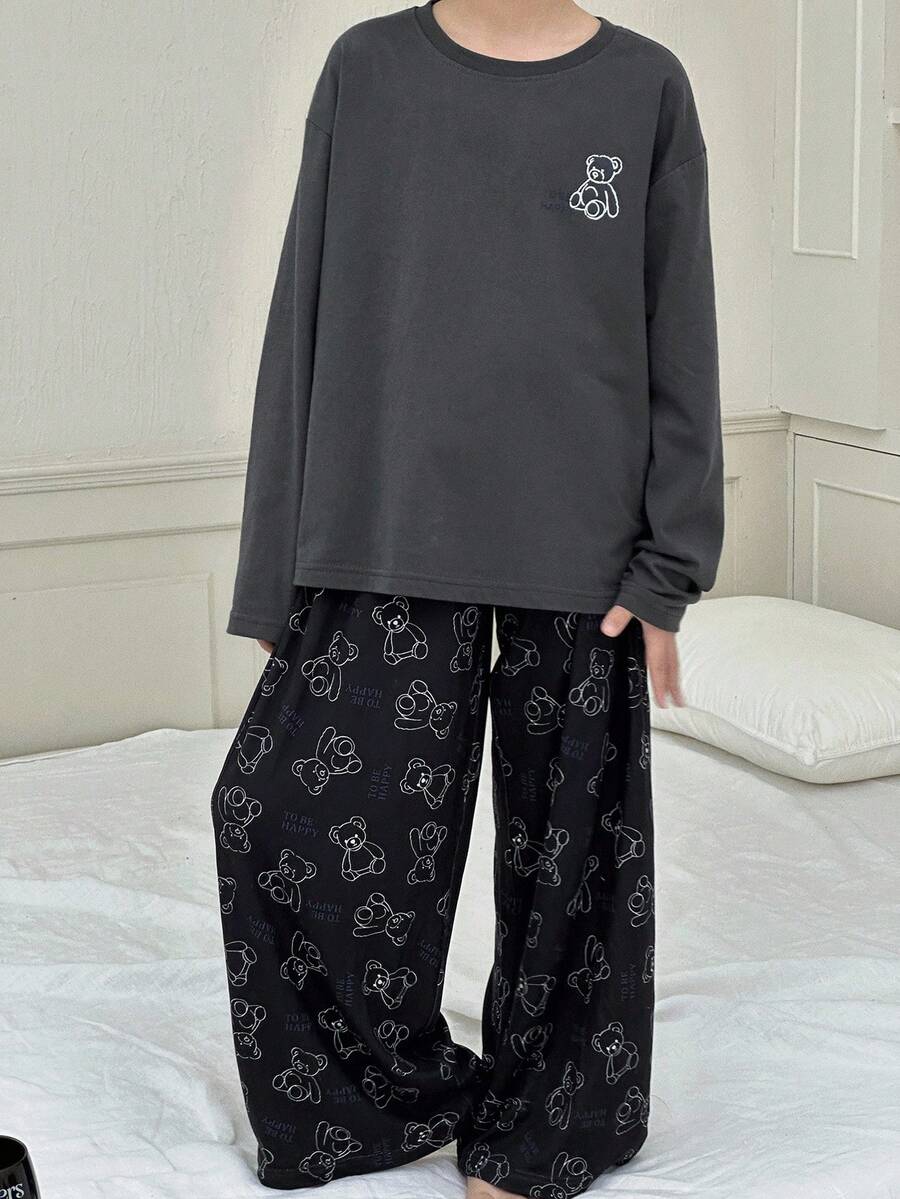 DAZY 2pcs Kids Fall Outfit, Toddler Boys' Round Neck Allover Print Long Sleeve Knit T-Shirt + All-Over Print Pants Pajama Set, Autumn