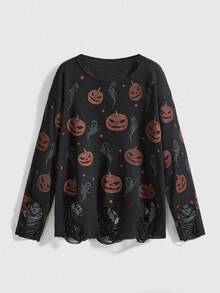 ROMWE Gothic Pumpkin & Ghost Ripped Knit Pullover Knit Top, Halloween - Black - View 1