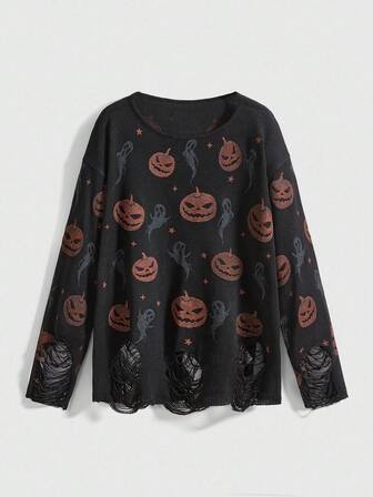 Goth Maglione lavorato a maglia con strappi a tema zucca e fantasma gotico, per Ognissanti