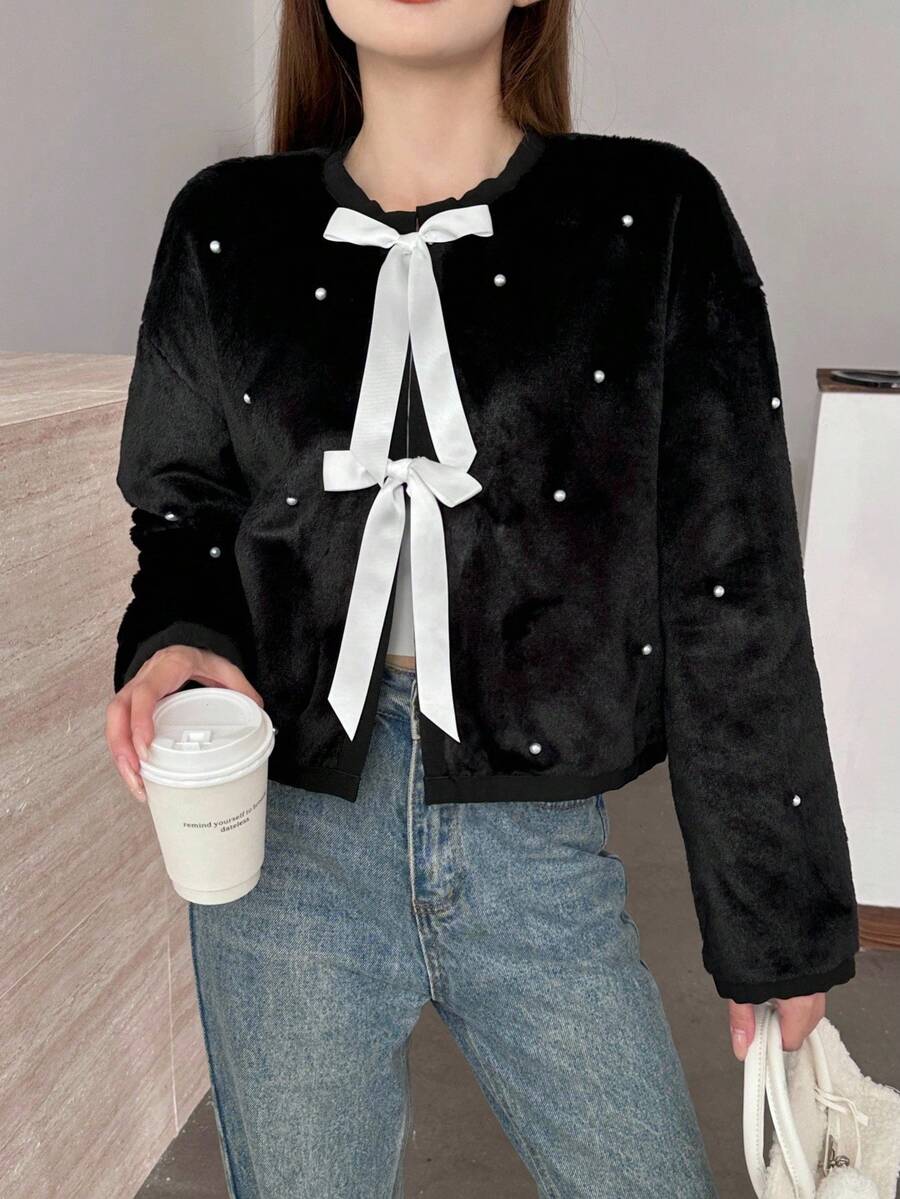 SHEIN 少女秋冬优雅黑色蓬松饰边夹克 - 黑色 - 查看 1