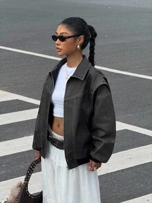 SHEIN EZwear 灰色冬季夹克女式宽松拉链领黑色仿皮夹克，休闲黑色皮夹克女式皮夹克 - 黑色 - 查看 7