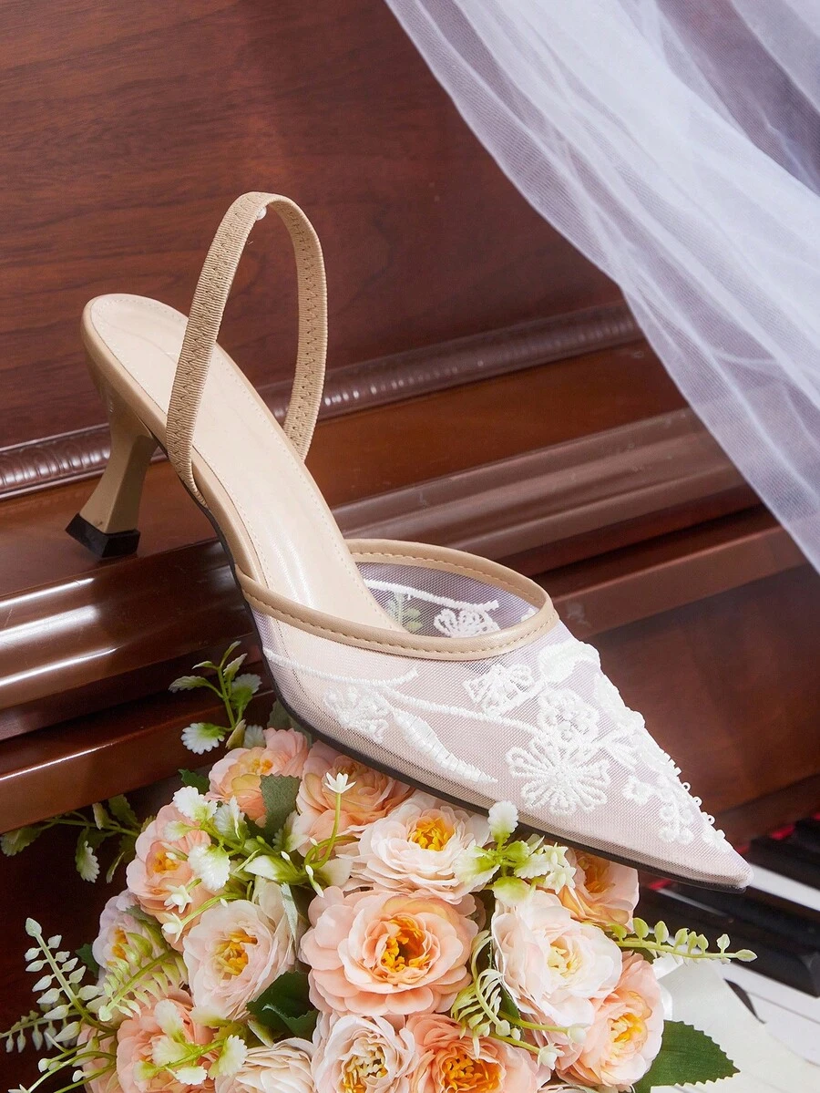 CUCCOO HITCHD 女士尖头蕾丝刺绣串珠花卉中跟鞋优雅浪漫性感复古卡其色网眼高跟鞋，适合正式场合、婚礼、派对、万圣节、圣诞节、感恩节、生日、情人节 - 棕色 - 查看 1