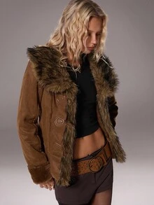 TRNVIE 1 件女式复古波西米亚风格仿麂皮毛领 Y2K 夹克，棕色，冬季 - 棕色 - 查看 6