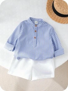 SHEIN 2pcs/Set Baby Boy Casual Striped Long Sleeve Shirt And Shorts Set, Suitable For Spring And Summer, Fit For Birthday Party, Evening Party, Wedding, Baby Shower, 1st Birthday Party - Multicolor - View 1