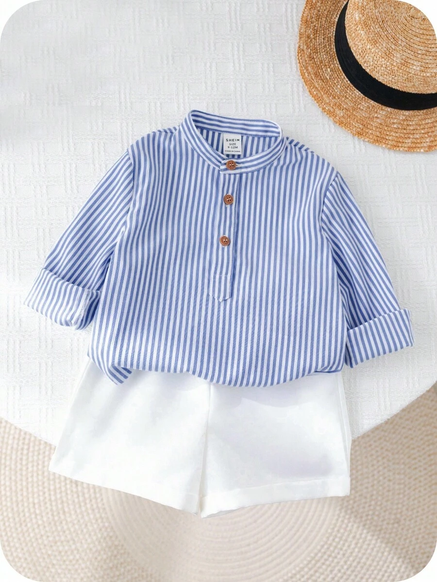 SHEIN 2pcs/Set Baby Boy Casual Striped Long Sleeve Shirt And Shorts Set, Suitable For Spring And Summer, Fit For Birthday Party, Evening Party, Wedding, Baby Shower, 1st Birthday Party - Multicolor - View 1