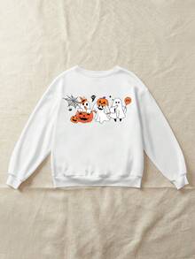 SHEIN EZwear Halloween Clothes  Casual Minimalist Halloween Pattern Loose Fit Fleece Crew Neck Sweatshirt, Fall/Winter - White - View 5