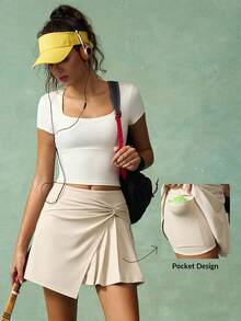 VARSIVA 休闲纯色扭褶运动裙短裤褶皱网球裙女士短裙网球裙高腰网球裙褶皱裙卡其裙