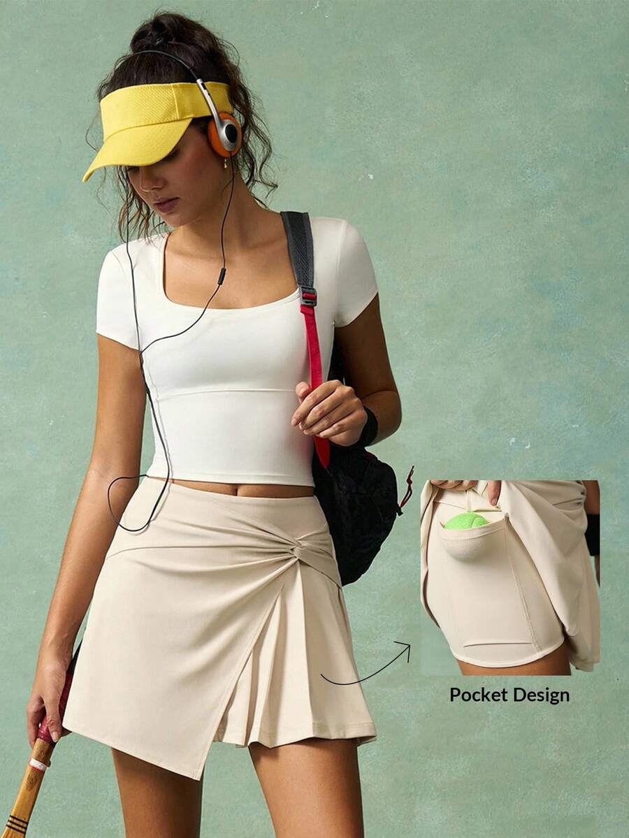 VARSIVA 休闲纯色扭褶运动裙短裤褶皱网球裙女士短裙网球裙高腰网球裙褶皱裙卡其裙