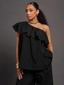 Vixey Top sin mangas con un hombro, con volantes superpuestos y tejido sólido