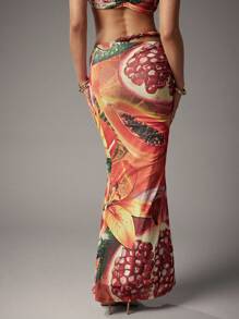 Hauture Women Fitted Mesh Fruit Floral Print Maxi Skirt With Braid Detail Boho Ibiza Cute Sexy Vacation