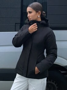 DAZY 女士连帽防风夹克，纯色修身款，收腰设计，黑色短款加厚保暖内衬外套，冬季女式外套 - 黑色 - 查看 15