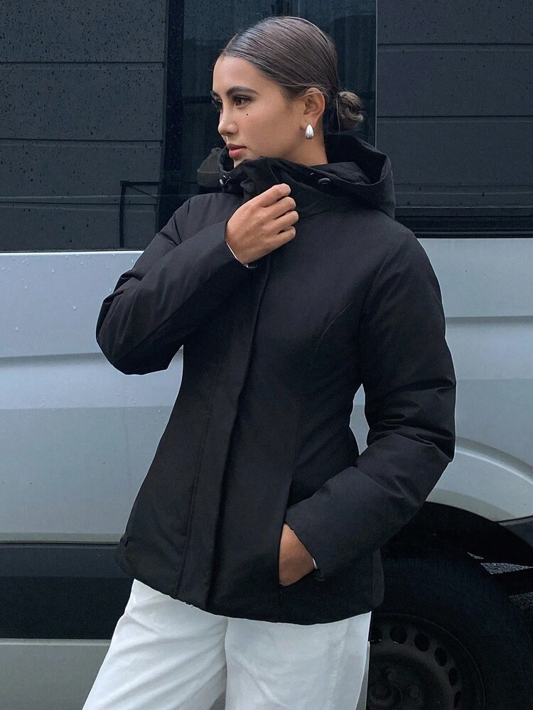 Women's Hooded Windbreaker Style Solid Color Jacket, Slim Fit Waist Cinched Hooded Black Short Thick Thermal Lined Jacket Winter Women Coats