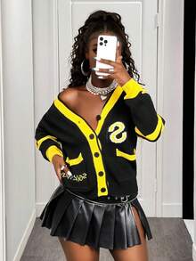 BamGleam New Autumn And Winter Black Contrasting Yellow Women's Sweater Button Up Cardigan With Contrasting Edges Embroidered Buttons Towel Embroidered Letters V-Neck Long Sleeved Comfortable Sports Sweater Cardigan Fall Cloth For Women - Black - View 3