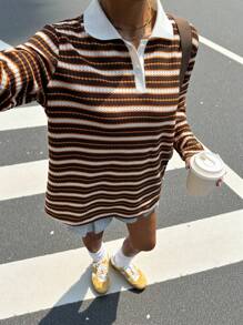 SHEIN EZwear 女式休闲条纹 Polo 领长袖针织 T 恤