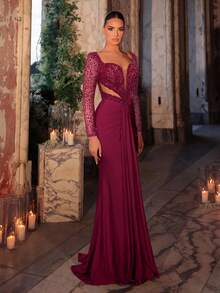Glamrae Elegante e lussuoso abito in maglia stretch con maniche lunghe in tulle, orlo a sirena arricciato, decorato con paillettes e perline, adatto per matrimoni, feste, vacanze, gala, eventi formali (decorazione pesante)