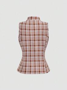 Sweetra 优雅法式复古风格粉色格子 V 领收腰性感别致蘑菇纽扣点缀女式衬衫 - 棕色 - 查看 2