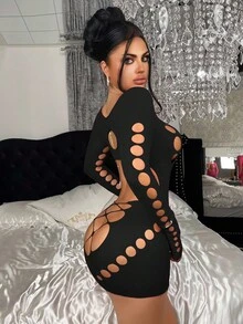 SHEIN 1 件女士性感紫红色紧身半透明渔网连衣裙，适合派对、夜总会、海滩 - 黑色 - 查看 1