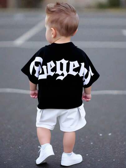 Bubblio Bộ 2 món/Bộ quần áo thun tay ngắn in chữ dễ thương phong cách Hàn Quốc cho bé trai mùa hè, đi học, áo thun lưng cao