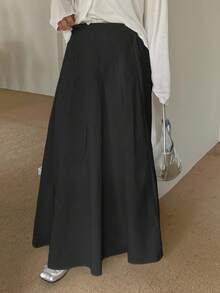 Dazy Plus Plus Size Women Elastic Waist A-Line Long White Pleated Skirt Fall Skirts - Black - View 4